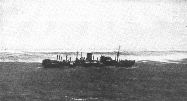 Dunedin Star hard and fast aground, as first seen from the air.