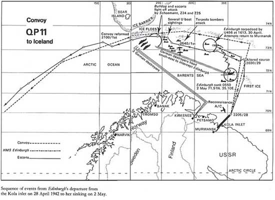 Map showing HMS Edinburgh's track from leaving Kola to finally being sunk in May of 1942, with 5 tons of Russian gold in 
 ammunition boxes in her magazine.