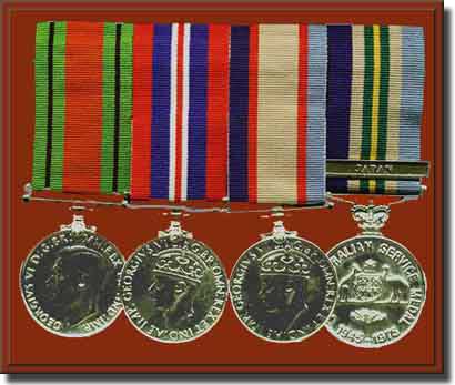 From Left to right: Defence Medal, The War Medal 1939-1945, The Australian Service Medal 1939-1945, The Australian Service Medal 1945-1975, with Japan Clasp.
