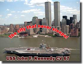 CV 67 USS John F Kennedy in front of the Twin Towers, destroyed in the Terrorist attack 11th, September 2001. 