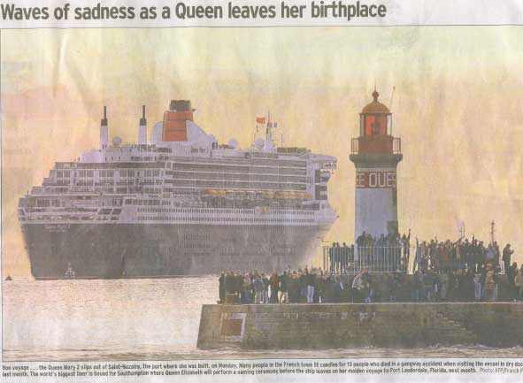 The Queen Mary 2 leaves France where she was built, for her new base at Southhampton