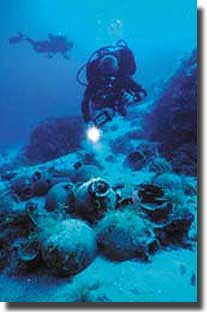 The site of Tektas Burnu shipwreck showing amphoras in a depth of 42 metres.