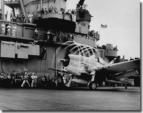 F6F Hellcat, readied on the flight deck of one of the attacking carriers at Truk, 17th. February 1944.