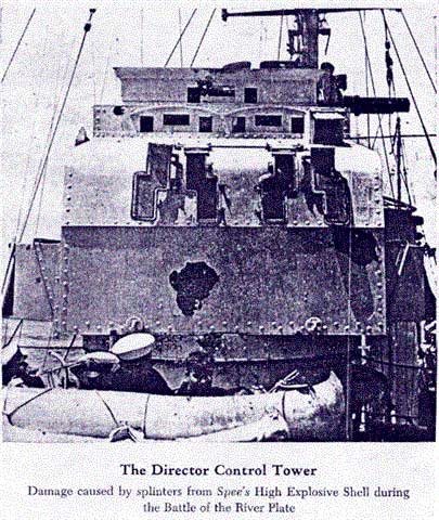 Damage to the Achilles' Director from splinters arriving from Graf Spee's gunfire.