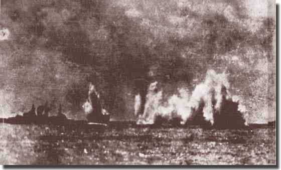 A Japanese photograph. Exeter straddled by fire from Japanese cruisers Nachi and Haguro