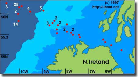 Map showing where U-Boats were scuttle in Operation Deadlight.