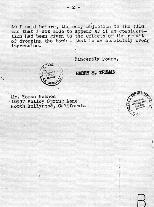 President Harry S. Page 2 Truman's letter to Mr. Bohnen's objection to the film because it made the decision to drop the bomb look like a snap judgment, December 12, 1946
