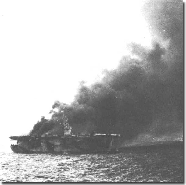 The Baby Carrier USS St Lo, burning from a crashed Kamikaze