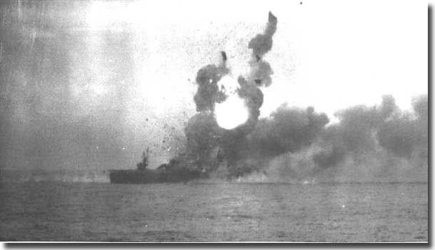 Carrier USS St Lo exploding after being hit by a Japanese Kamikaze