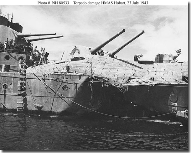 Damage to HMAS Hobart after being hit by a torpedo fired by Japanese submarine I-11 in 1943.