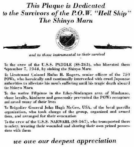 Memorial Plaque dedicated to the 83 American survivors from the sinking of Shinyo Maru by USS Paddle.