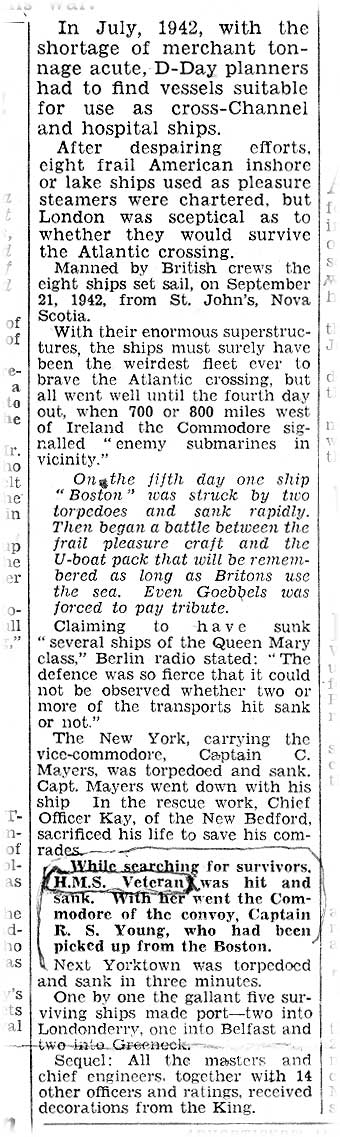 HMS Veteran News of sinking