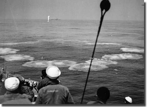 A pattern of projectiles fired by the ahead throwing weapon Hedgehog from USS Atherton, in her successful attack against German U-Boat U-853.