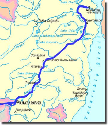 Map showing the course of the Amur river