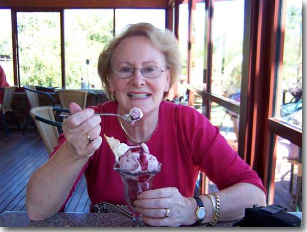 Denise attacks a Raspberry ice cream sundae at the Raspberry Farm Elizabeth